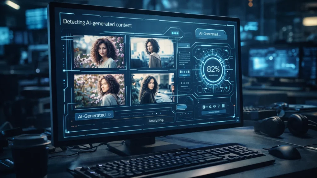 AI से बनी सामग्री पहचानने का टूल बना रहा Meta: रिपोर्ट कंप्यूटर स्क्रीन पर AI से बनी तस्वीरों का विश्लेषण करता हुआ सॉफ्टवेयर।