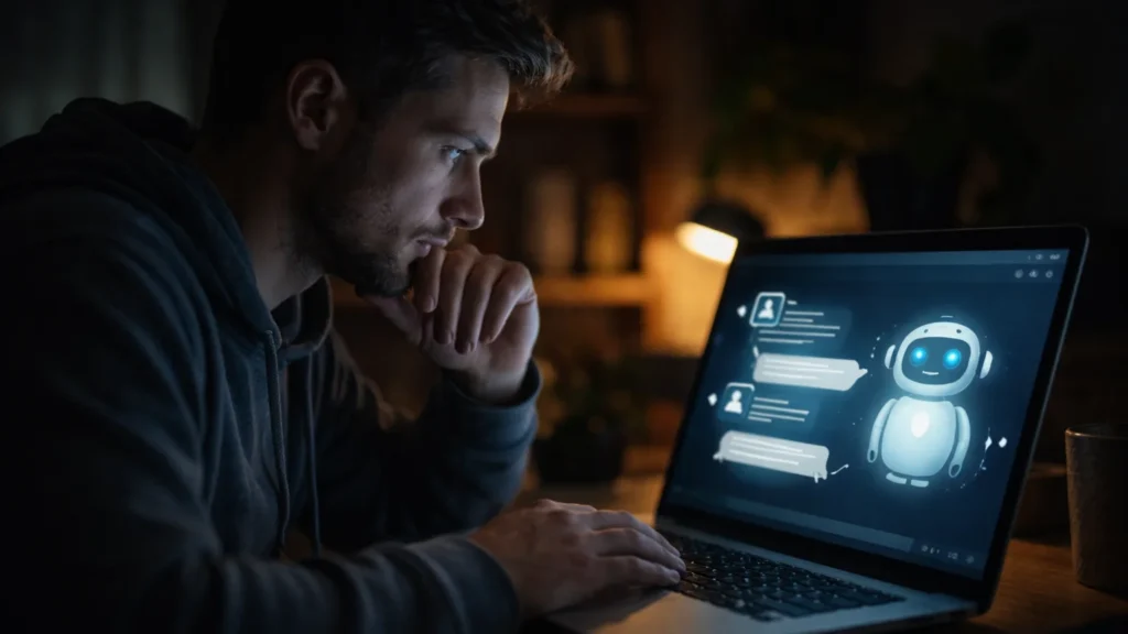 व्यक्ति लैपटॉप पर AI चैटबॉट से बातचीत करता हुआ