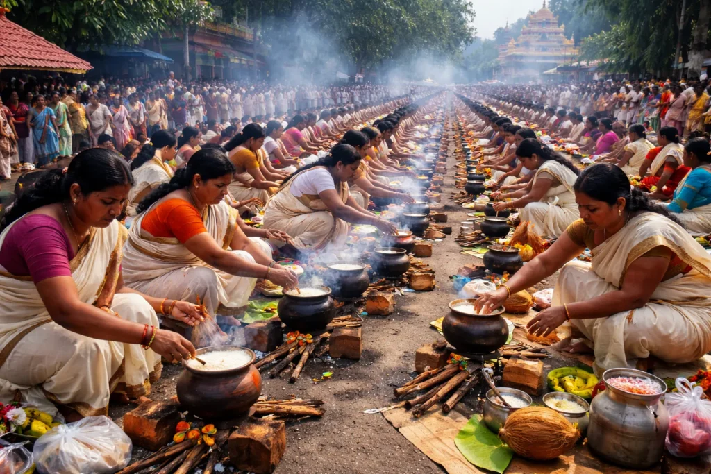 तिरुवनंतपुरम में अट्टुकल पोंगाला पर्व के दौरान सड़क पर पारंपरिक वेशभूषा में महिलाएं मिट्टी के बर्तनों में प्रसाद बनाते हुए।