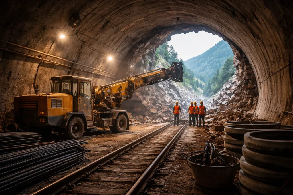 पहाड़ी क्षेत्र में निर्माणाधीन रेलवे सुरंग के अंदर मशीनरी और श्रमिक कार्य करते हुए।