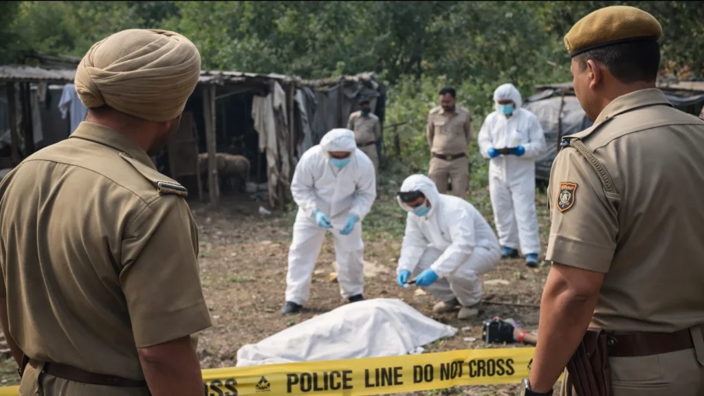 हिमाचल प्रदेश के बिलासपुर जिले के मल्होट गांव में भेड़ पालक की हत्या के बाद जांच करती पुलिस और फोरेंसिक टीम।