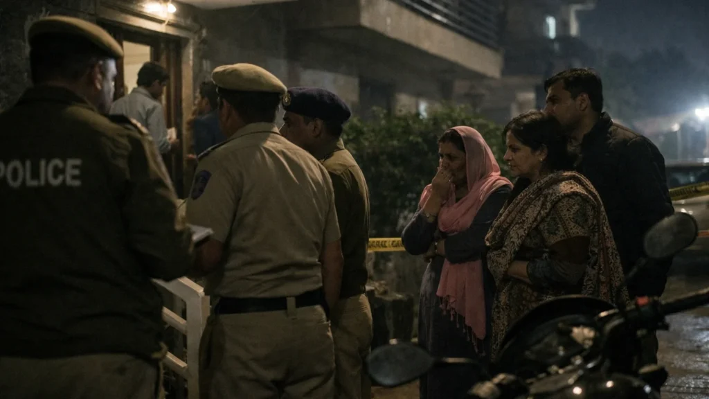 गुरुग्राम में घर के बाहर पुलिस जांच करती हुई