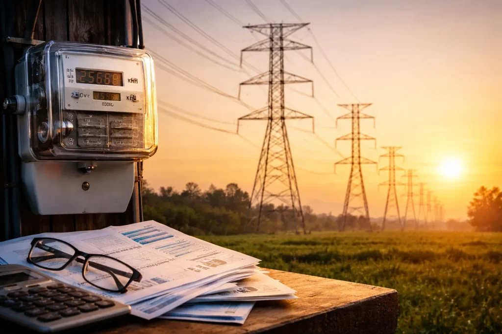 बिजली मीटर और पारेषण टावरों का दृश्य, जो बिजली दरों में संभावित बढ़ोतरी को दर्शाता है।