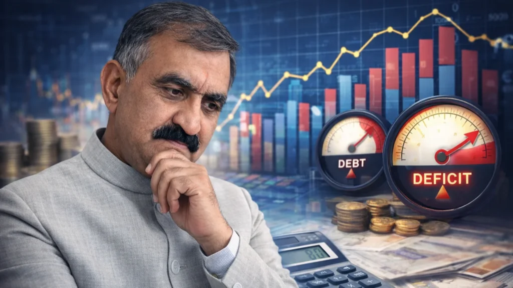 मुख्यमंत्री सुखविंदर सिंह सुक्खू के साथ वित्तीय ग्राफ और आंकड़े, जो हिमाचल बजट 2026 में बढ़ते कर्ज और घाटे को दर्शाते हैं