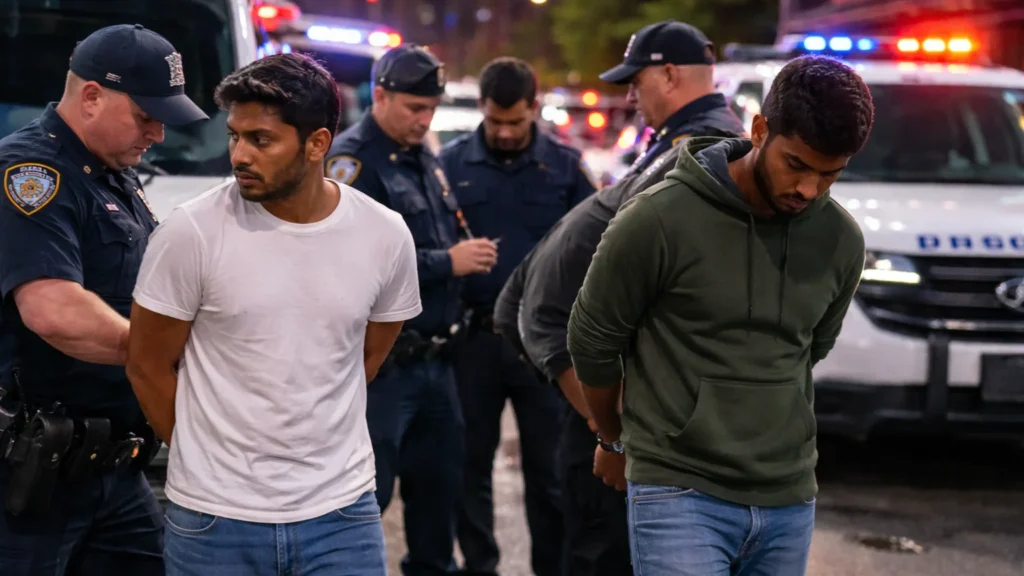 अमेरिका में फर्जी लूट दिखाकर यू-वीजा पाने की कोशिश के मामले में पुलिस द्वारा संदिग्धों को हिरासत में लेते अधिकारी