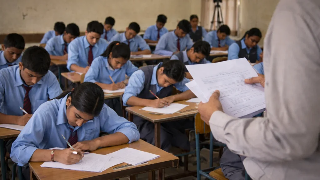 हिमाचल प्रदेश के कांगड़ा जिले के एक स्कूल में परीक्षा देते हुए छात्र