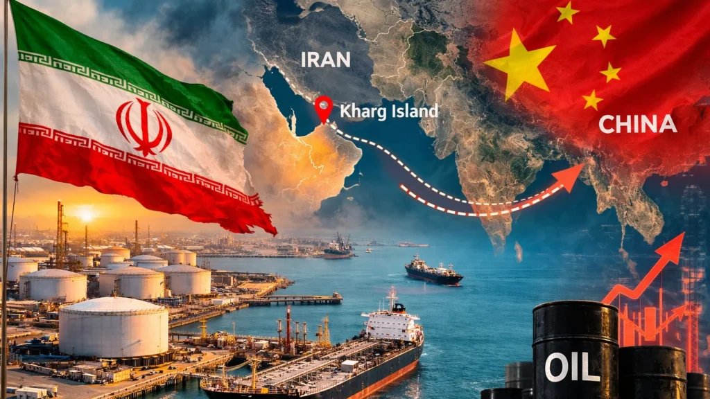 फारस की खाड़ी में स्थित ईरान के खार्ग द्वीप का तेल निर्यात टर्मिनल और टैंकर जहाज