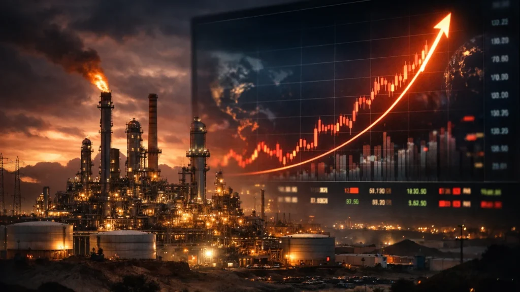 पश्चिम एशिया तनाव के बीच बढ़ती कच्चे तेल की कीमतों को दर्शाता रिफाइनरी और ट्रेडिंग स्क्रीन दृश्य
