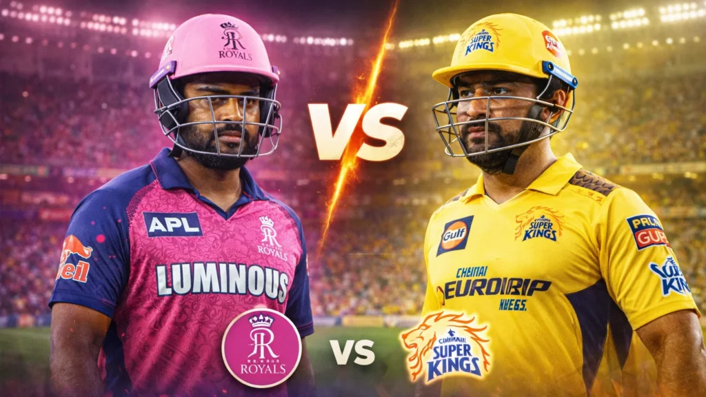 IPL 2026 मुकाबले से पहले राजस्थान रॉयल्स और चेन्नई सुपर किंग्स खिलाड़ियों की प्रतीकात्मक प्रीव्यू इमेज