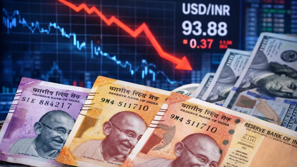 भारतीय रुपये के नोट और डॉलर के साथ गिरावट दर्शाता ग्राफ, रुपया 93.88 के स्तर पर
