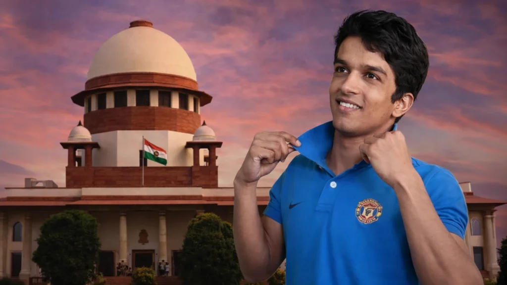 गाजियाबाद के हरीश राणा की तस्वीर और पृष्ठभूमि में सुप्रीम कोर्ट भवन