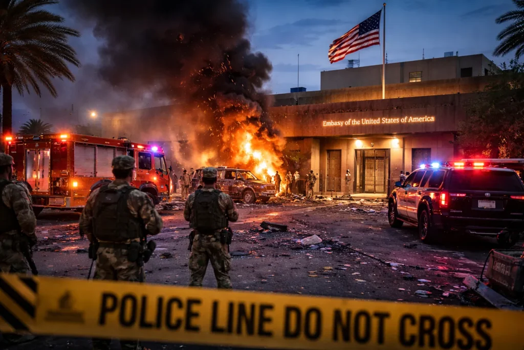 रियाद में अमेरिकी दूतावास परिसर के बाहर सुरक्षा बल और आपातकालीन वाहन तैनात।